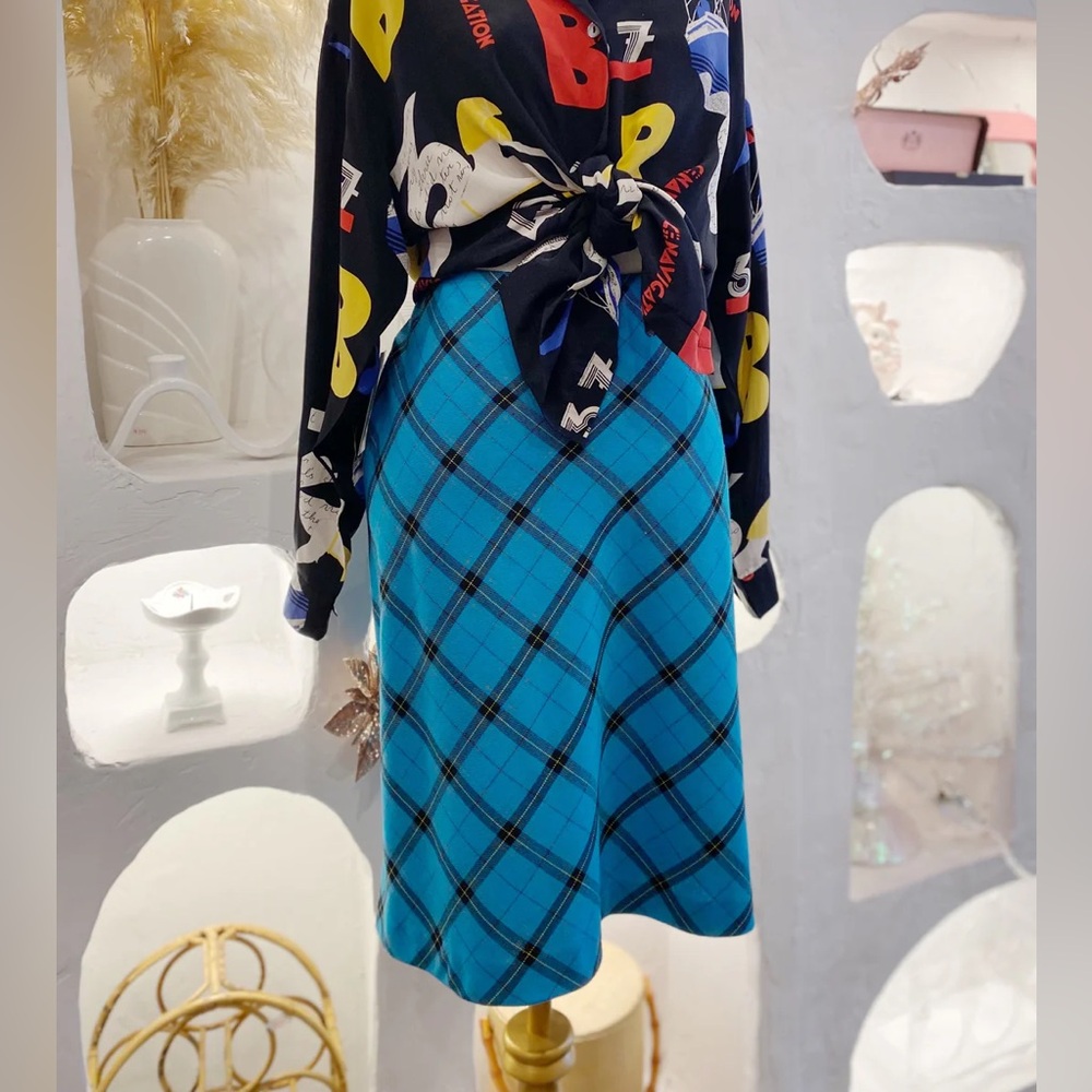 Y2K Vintage Turquoise & Black Plaid Midi A-Line Skirt